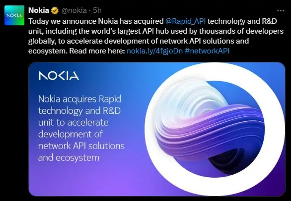 ​Nokia Acquires Rapid API Marketplace to Boost 5G and 4G Network Revenue